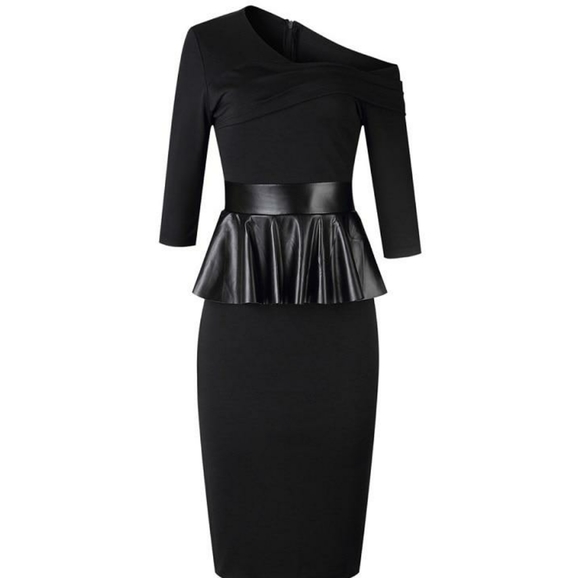 Black Asymmetrical Shoulder Peplum Dresses - Picture 3 of 8